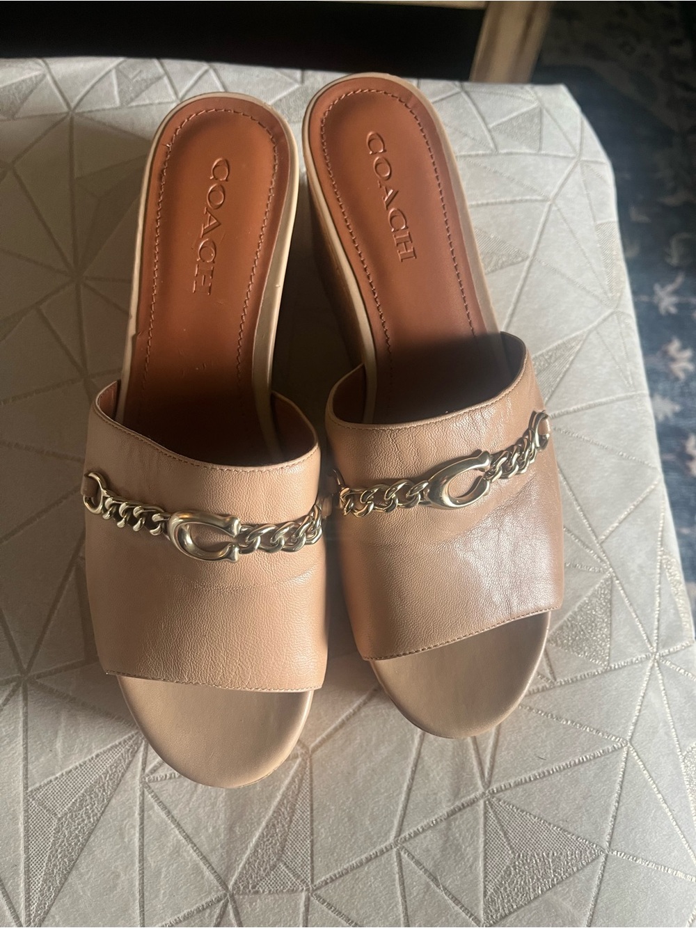 Coach Beige Leather Chain-Trim Slide Mules